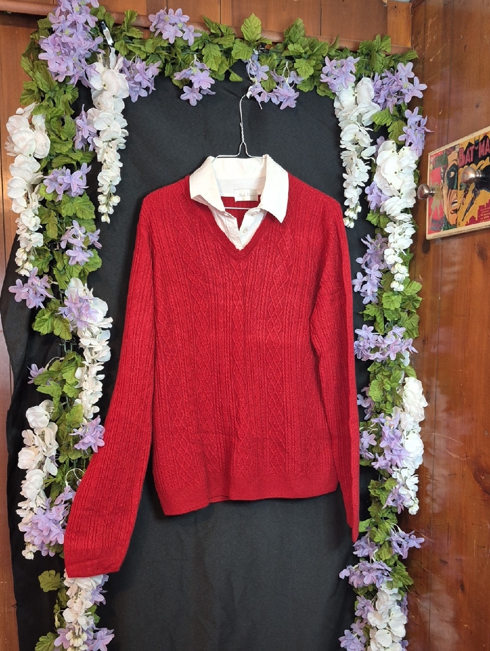 Studio Works Red V-Neck Cable Knit Sweater